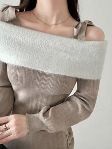 FRIFUL Women's Colorblock Off-Shoulder Casual Party Knit Dress - Apricot - View 6