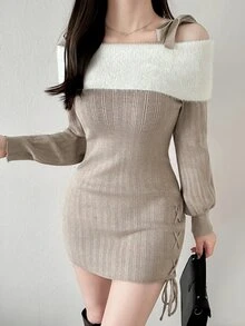 FRIFUL Women's Colorblock Off-Shoulder Casual Party Knit Dress - Apricot - View 7