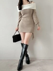 FRIFUL Women's Colorblock Off-Shoulder Casual Party Knit Dress - Apricot - View 2