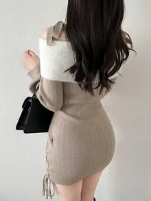 FRIFUL Women's Colorblock Off-Shoulder Casual Party Knit Dress - Apricot - View 5