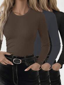 INAWLY 3pcs/Set Women's Solid Color Casual All-Match Versatile Long Sleeve Crew Neck T-Shirts Lounge Brown Grey Black Autumn - Multicolor - View 3