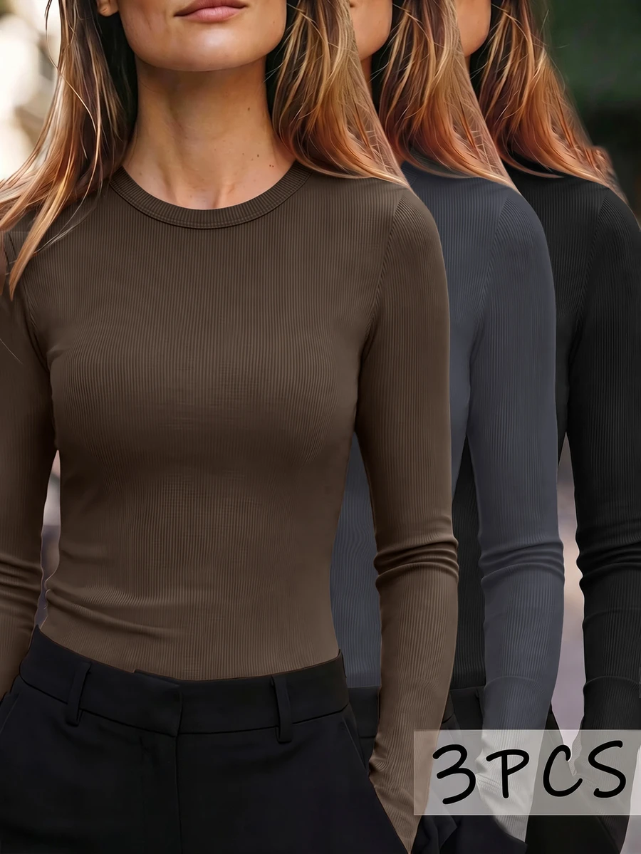 INAWLY 3pcs/Set Women's Solid Color Casual All-Match Versatile Long Sleeve Crew Neck T-Shirts Lounge Brown Grey Black Autumn - Multicolor - View 1