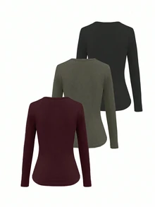 INAWLY Set de 3 camisetas de manga larga de cuello redondo acanaladas de unicolor para mujer - Multicolor - Ver 2