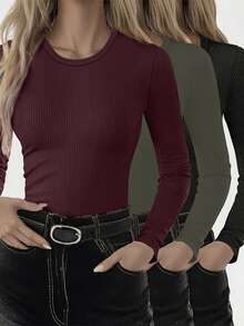 INAWLY Set de 3 camisetas de manga larga de cuello redondo acanaladas de unicolor para mujer - Multicolor - Ver 3