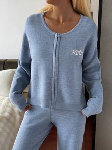 DAZY Women's Letter Embroidered Drop Shoulder Long Sleeve Top And Pants Pajama Set - Blue - View 7