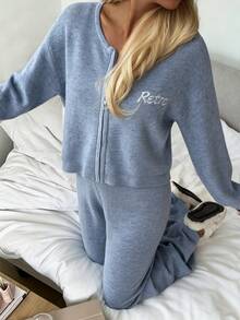 DAZY Women's Letter Embroidered Drop Shoulder Long Sleeve Top And Pants Pajama Set - Blue - View 10