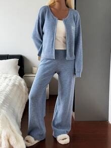 DAZY Women's Letter Embroidered Drop Shoulder Long Sleeve Top And Pants Pajama Set - Blue - View 6