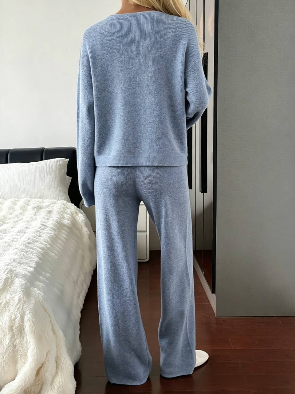 Women's Letter Embroidered Drop Shoulder Long Sleeve Top And Pants Pajama Set