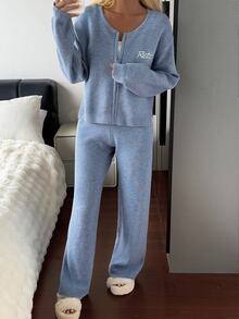 DAZY Women's Letter Embroidered Drop Shoulder Long Sleeve Top And Pants Pajama Set - Blue - View 8
