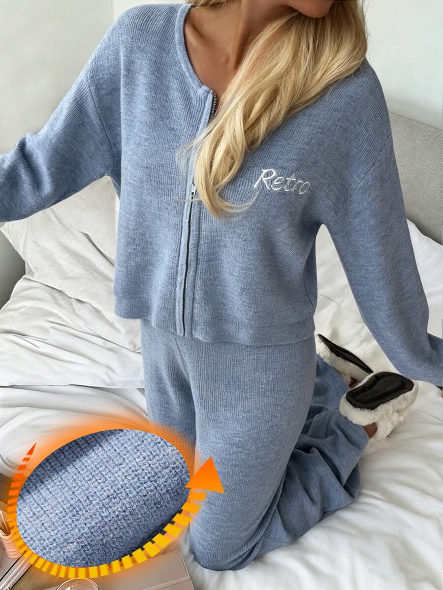 DAZY Women's Letter Embroidered Drop Shoulder Long Sleeve Top And Pants Pajama Set - Blue - View 1