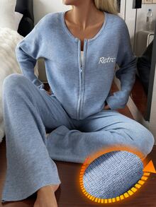 DAZY Women's Letter Embroidered Drop Shoulder Long Sleeve Top And Pants Pajama Set - Blue - View 4