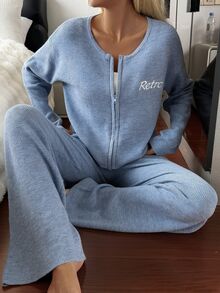 DAZY Women's Letter Embroidered Drop Shoulder Long Sleeve Top And Pants Pajama Set - Blue - View 9