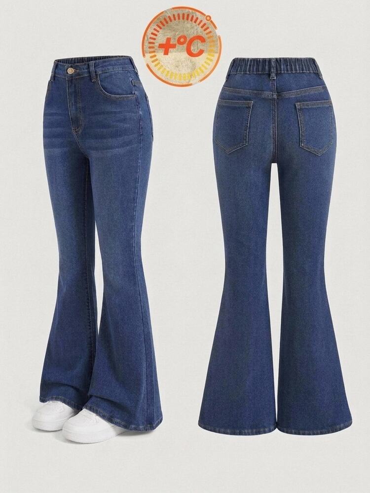 SHEIN Girlism Teen Girls Autumn/Winter Deep Blue Denim Fleece Lined Stretch Skinny Flare Pants Back To School Cowgir - Blue - View 1