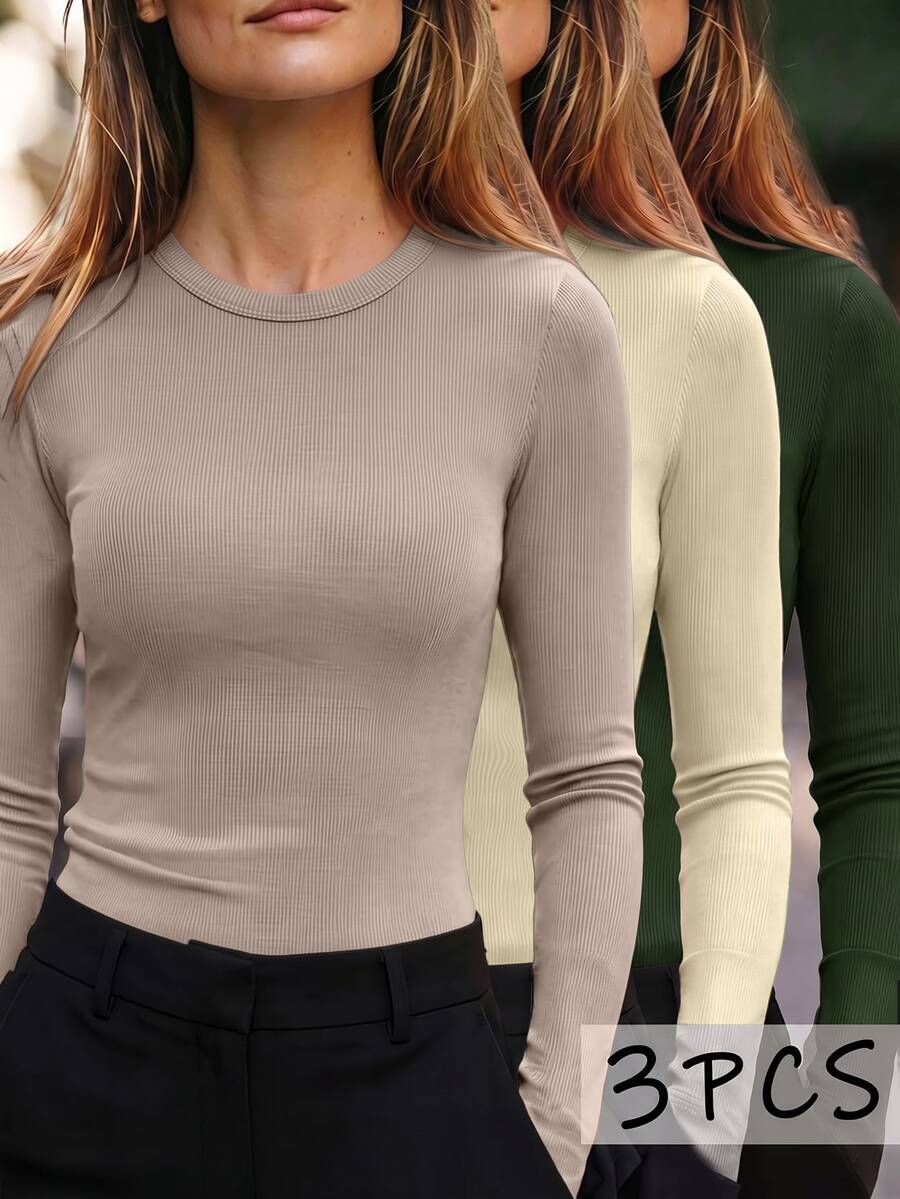 INAWLY 3pcs/Set Women's Solid Color Casual Versatile Long Sleeve Crew Neck T-Shirts - Multicolor - View 1