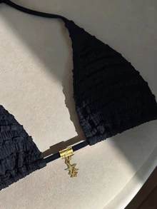 Elavelle 女款純色掛脖式提花布料比基尼上衣，春夏海灘黑色性感（僅上衣，不含短褲）海灘度假熱帶泳衣 - 黑色 - 查看 5