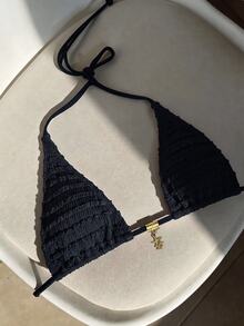 Elavelle 女款純色掛脖式提花布料比基尼上衣，春夏海灘黑色性感（僅上衣，不含短褲）海灘度假熱帶泳衣 - 黑色 - 查看 2