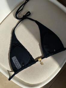 Elavelle 女款純色掛脖式提花布料比基尼上衣，春夏海灘黑色性感（僅上衣，不含短褲）海灘度假熱帶泳衣 - 黑色 - 查看 3