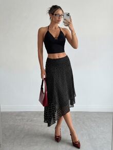 Ritzy Row Rok Mini Polkadot Elegan, Serbaguna, dan Melangsingkan untuk Wanita - Hitam - View 6