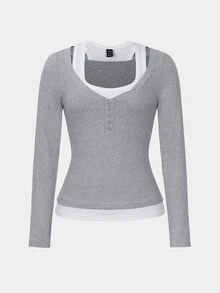 SHEIN Vintage American Style Color Block Long Sleeve T-Shirt, Casual Slim Fit Top, Autumn Fall Cloth For Women - Grey - View 11
