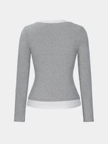 SHEIN Vintage American Style Color Block Long Sleeve T-Shirt, Casual Slim Fit Top, Autumn Fall Cloth For Women - Grey - View 10