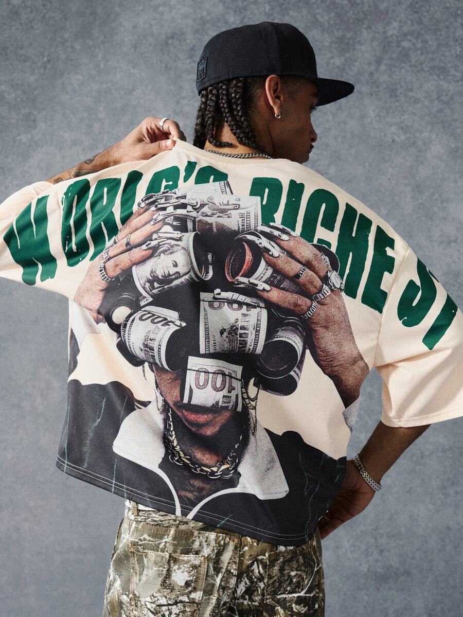 PAVTROS Men's Young Street Casual Large Graphic Hip Hop Street T-Shirt - Apricot - View 1