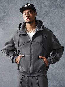 PAVTROS Men's Autumn-Winter Hoodie Set With Spliced Raw-Edge Design & Print Accents, Y2K-Themed Christmas Gift. - Grey - View 3