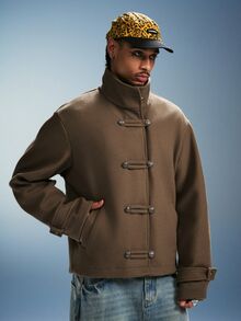 PAVTROS Men's Front Button Long Sleeve Jacket - Brown - View 3
