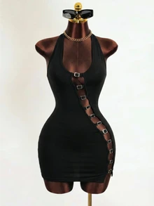 SHEIN BamGlam Y2K Alt Sexy Halter Bodycon Dress Asymmetric Multi Buckle Cut Out Side Slit Tight Mini Dress Festival Rave Party DressGothic Punk Halter Cutout Mini - Black - View 4