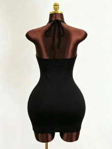 SHEIN BamGlam Y2K Alt Sexy Halter Bodycon Dress Asymmetric Multi Buckle Cut Out Side Slit Tight Mini Dress Festival Rave Party DressGothic Punk Halter Cutout Mini - Black - View 3