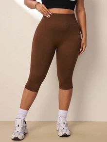 SHEIN Rhythm Era 女款大尺碼純色高腰無縫運動短褲 巧克力棕色 夏季健身運動短褲 - 咖啡棕 - 查看 7