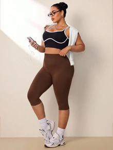 SHEIN Rhythm Era 女款大尺碼純色高腰無縫運動短褲 巧克力棕色 夏季健身運動短褲 - 咖啡棕 - 查看 3