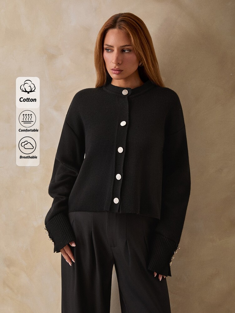 Trelyra Urban Muse Y2K Elegant Parisian Core Luxe Stripe Knit Maxi Cardigan Button-Front Flared Sleeves Rib Texture Black And Silver Autumn Office - Cream - View 4