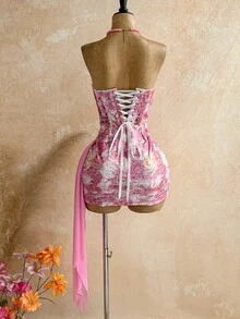 Soleia 女款性感度假無肩帶蕾絲紋理垂墜網紗抓皺胸衣迷你洋裝，適合海灘、郵輪、公路旅行、城市度假、約會、下午茶、波希米亞風、海邊、島嶼度假、夏季、音樂節、日常通勤、婚禮季、派對、嘉年華 - 粉色 - 查看 2