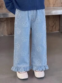 SHEIN Young Girls Denim Jeans With Floral Fabric, Casual Cowgirl Western Fashion Ruffle Hem Design, Light Blue Washed Straight Leg Pants, Cotton, Summer - Blue - View 8