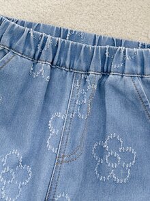 SHEIN Young Girls Denim Jeans With Floral Fabric, Casual Cowgirl Western Fashion Ruffle Hem Design, Light Blue Washed Straight Leg Pants, Cotton, Summer - Blue - View 4