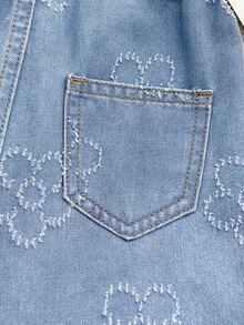SHEIN Young Girls Denim Jeans With Floral Fabric, Casual Cowgirl Western Fashion Ruffle Hem Design, Light Blue Washed Straight Leg Pants, Cotton, Summer - Blue - View 6