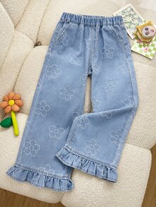 SHEIN Young Girls Denim Jeans With Floral Fabric, Casual Cowgirl Western Fashion Ruffle Hem Design, Light Blue Washed Straight Leg Pants, Cotton, Summer - Blue - View 1