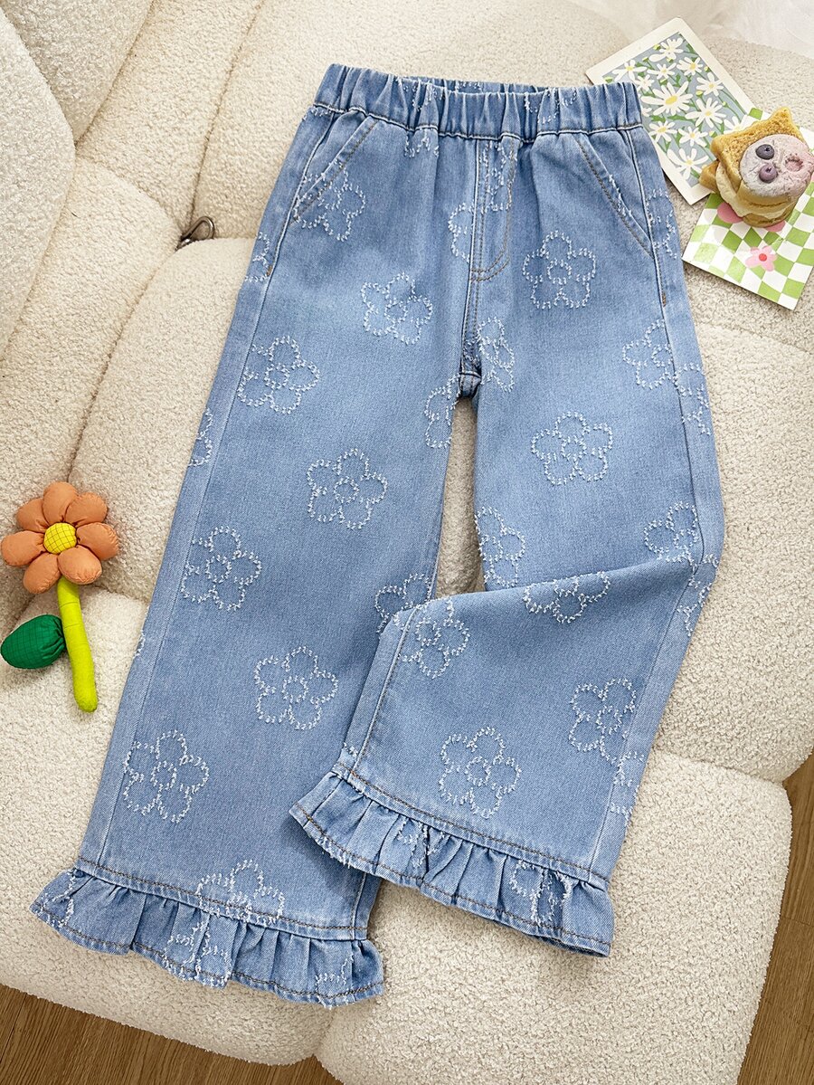 SHEIN Young Girls Denim Jeans With Floral Fabric, Casual Cowgirl Western Fashion Ruffle Hem Design, Light Blue Washed Straight Leg Pants, Cotton, Summer - Blue - View 1