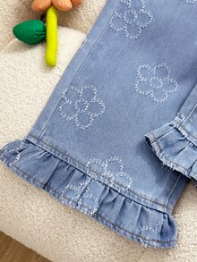 SHEIN Young Girls Denim Jeans With Floral Fabric, Casual Cowgirl Western Fashion Ruffle Hem Design, Light Blue Washed Straight Leg Pants, Cotton, Summer - Blue - View 3