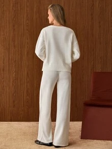 Pariaura Minimalist Off-White Rib-Knit Top And Matching Trousers Two Pieces Co-Ord With Flower Detail - White - View 4