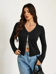 SHEIN Tall Solid Button Front Cardigan - Black - View 9