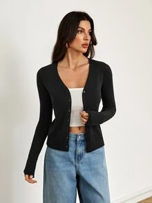 SHEIN Tall Solid Button Front Cardigan - Black - View 5