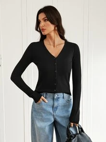 SHEIN Tall Solid Button Front Cardigan - Black - View 8