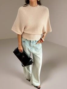 SHEIN Tall Tall Women's Apricot Textured Sweater Top With Batwing Sleeves And A Fitted Waist - Apricot - View 3