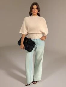 SHEIN Tall Tall Women's Apricot Textured Sweater Top With Batwing Sleeves And A Fitted Waist - Apricot - View 6