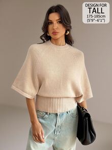 SHEIN Tall Tall Women's Apricot Textured Sweater Top With Batwing Sleeves And A Fitted Waist - Apricot - View 4