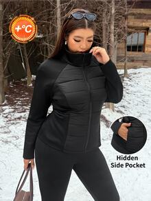 Muchica Women's Plus-Size Casual, Versatile, Zip-Up Stand-Collar Padded Coat With Hidden Pockets For Autumn And Winter. - Black - View 1