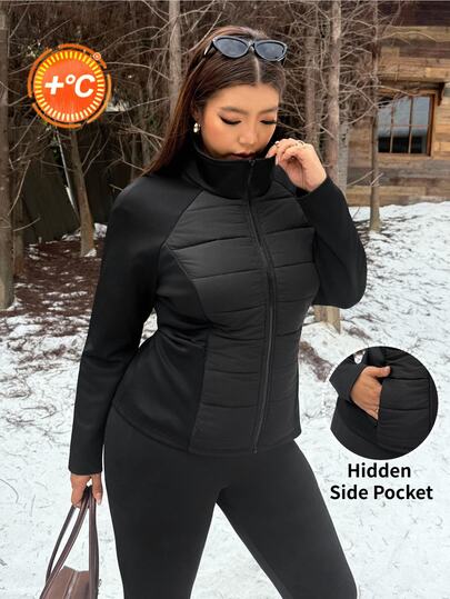 Muchica Casaco acolchoado casual e versátil para mulher, tamanho grande, com fecho de correr, gola alta e bolsos ocultos, para outono e inverno