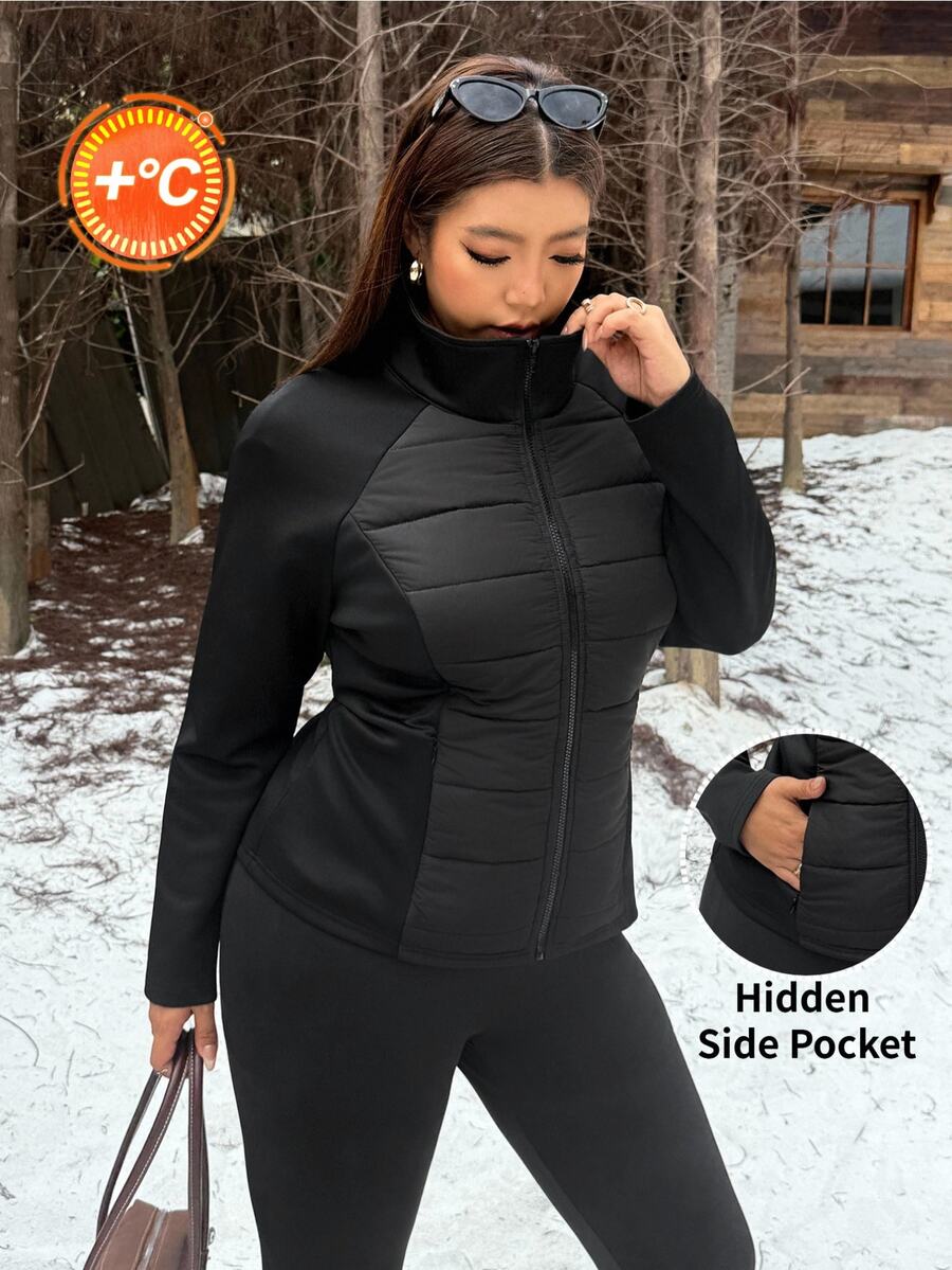 Muchica Women's Plus-Size Casual, Versatile, Zip-Up Stand-Collar Padded Coat With Hidden Pockets For Autumn And Winter. - Black - View 1