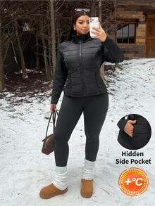 Muchica Women's Plus-Size Casual, Versatile, Zip-Up Stand-Collar Padded Coat With Hidden Pockets For Autumn And Winter. - Black - View 4